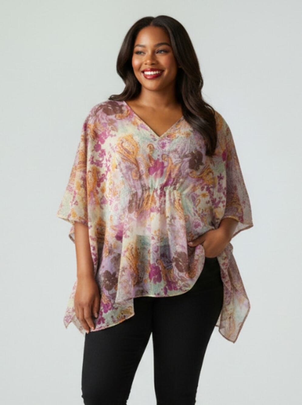 Lane Bryant Top Womens Size 14|16 Plus Paisley Floral Sheer VNeck Kaftan Blouse